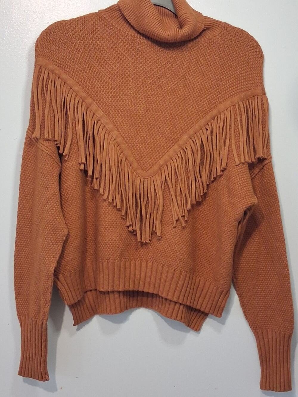 Chelsea & Theodore Boho Fringe Turtleneck Sweater - Rust